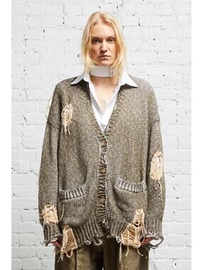 NWT~R13 Distressed Khaki Tweed Jumbo Cardigan Size S